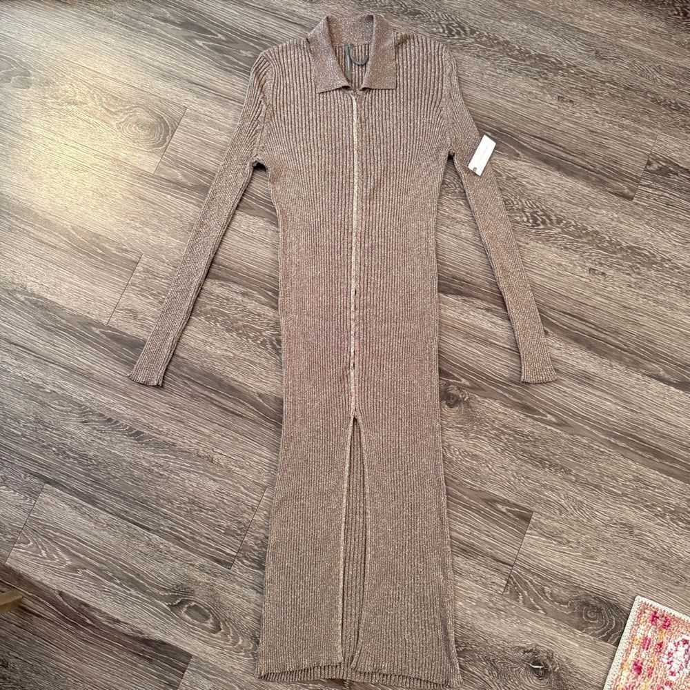 Anthropologie Shimmer Zip Front Metallic Duster Sweater